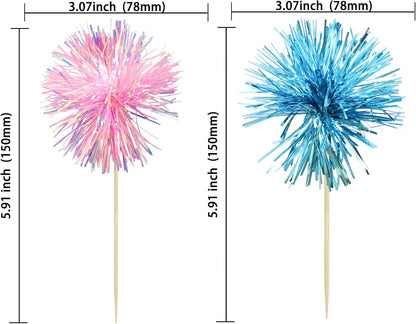 Ephlyn 30Pcs Foil Firework Cupcake Toppers Sparkle Tinsel Cupcake Picks Drink Stirrers Cocktail Food Fruit Toothpicks for Baby Shower Graduation Party Supplies White