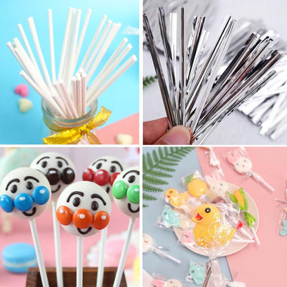 300PCS Lollipop Cake Pop Treat Bag Set Including 100pcs Parcel Bags, Papery Treat Sticks, Gold Metallic Twist Ties for Making Candies, Chocolates and Cookies