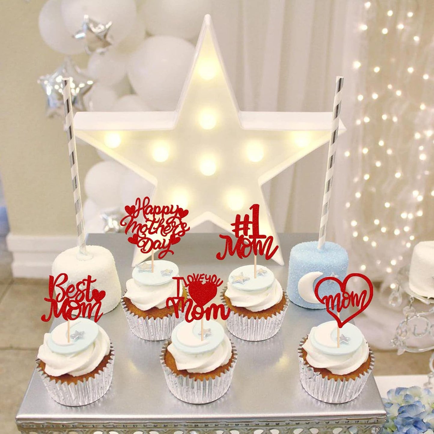 24 PCS Happy Mother's Day Cupcake Toppers with Glitter Heart Love Mother Best Mom Cupcake Picks for Happy Mother's Day Theme Women Birthday Party Cake Decorations Supplies Rose Gold