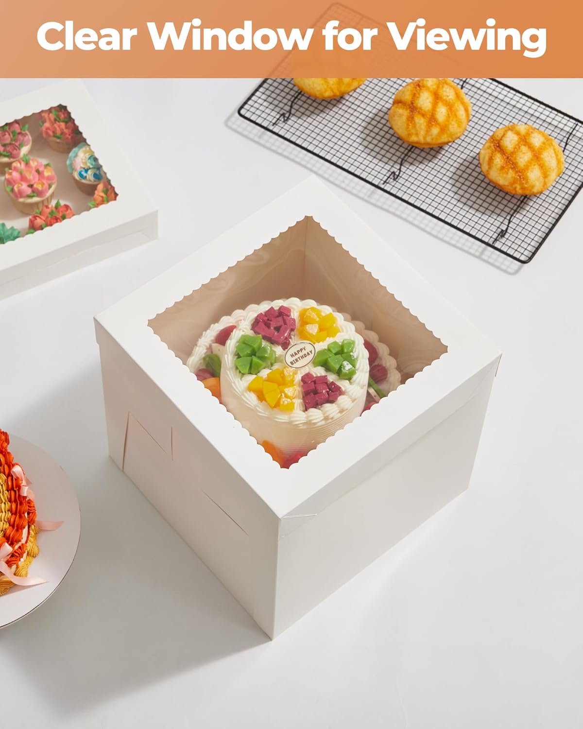 Kootek Cake Box with Board Drum, 10x10x10 Inches Tall Bakery Box with Window, Disposable Cake Container with Lid for Multi-Layer Cake, Decorating, Wedding, Birthday, Party