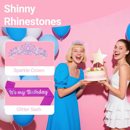 Birthday Tiara and Crown with Sash, Birthday Tiara for Women Party Silver