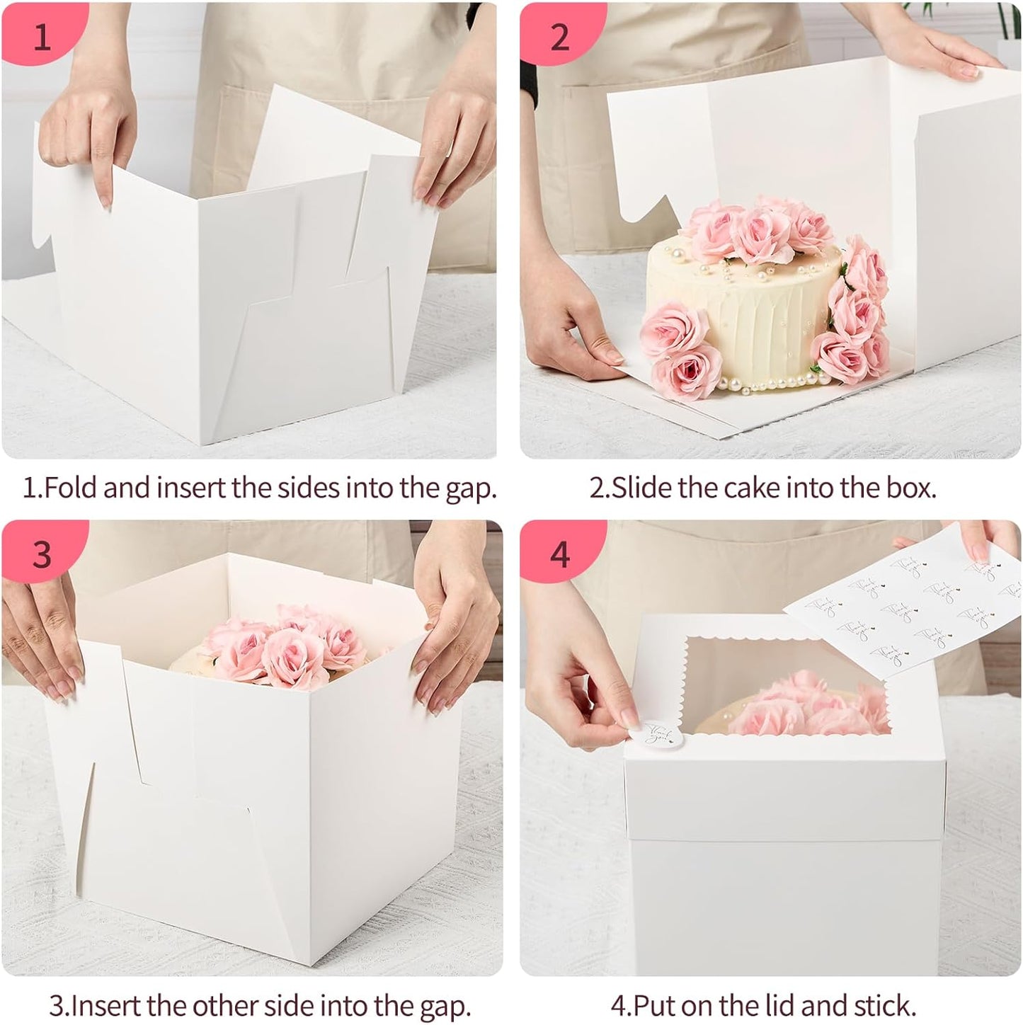 ZORRITA 4 Pack Cake Boxes, 8 x 8 x 8 Inches Tall Bakery Box with Window and Stickers, Disposable Cake Containers for Wedding, Birthday, Party