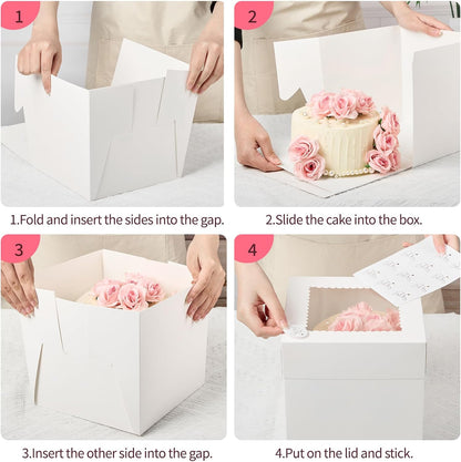 ZORRITA 4 Pack Cake Boxes, 8 x 8 x 8 Inches Tall Bakery Box with Window and Stickers, Disposable Cake Containers for Wedding, Birthday, Party