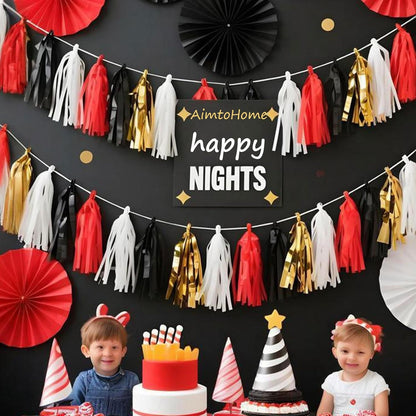 Tassel Garland Tissue Paper Tassel Banner,Tassels Party Decorations for Wedding,Birthday,Bridal/Baby Shower,Pack of 15 (Burgundy/Black/Silver)
