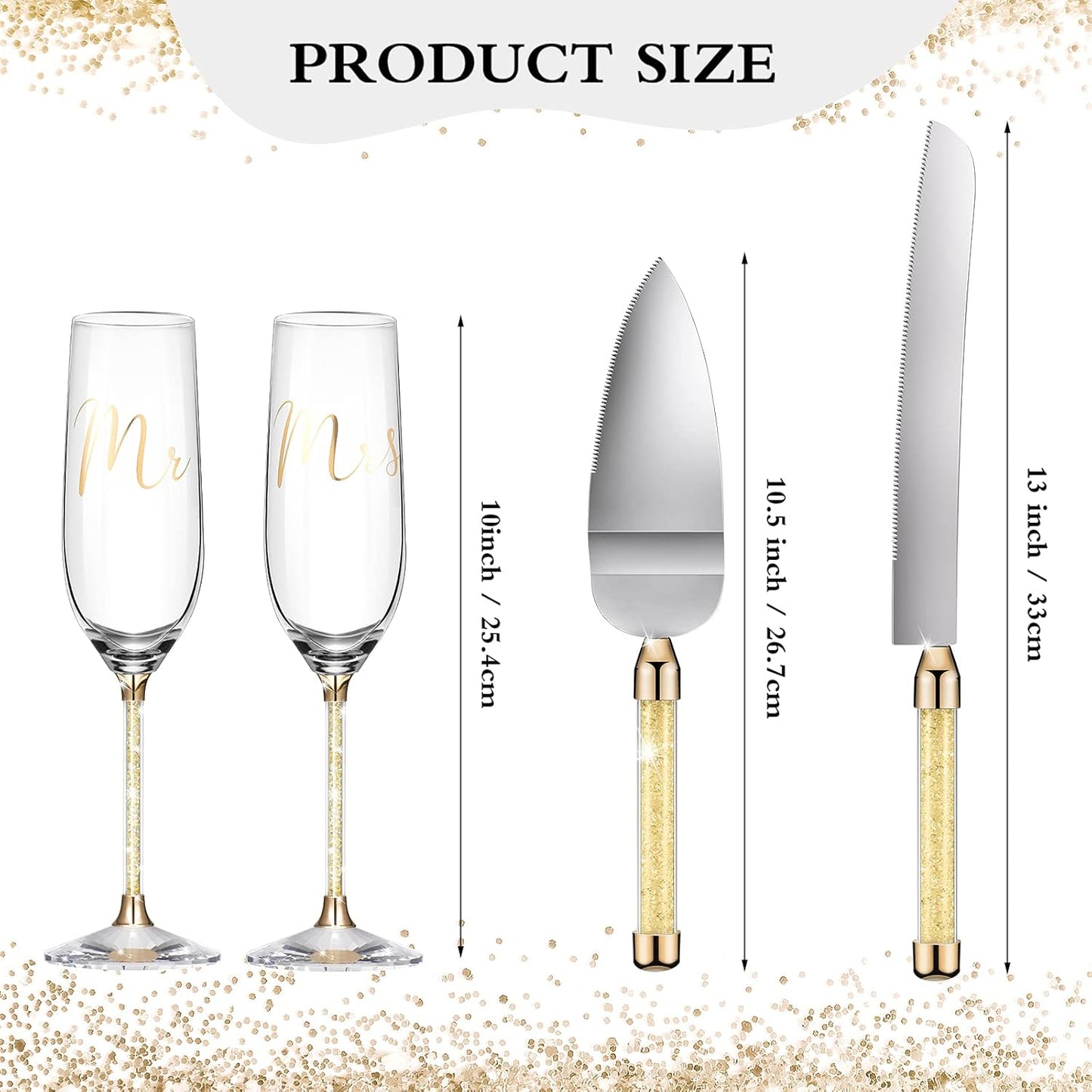 Boao 4 Piece Wedding Cake Knife and Champagne Flutes Server Set Mr and Mrs Toasting Flutes Crystal Rhinestone Cake Cutting Set for Bride and Groom Wedding Engagement Bridal Shower Gifts(Silver)