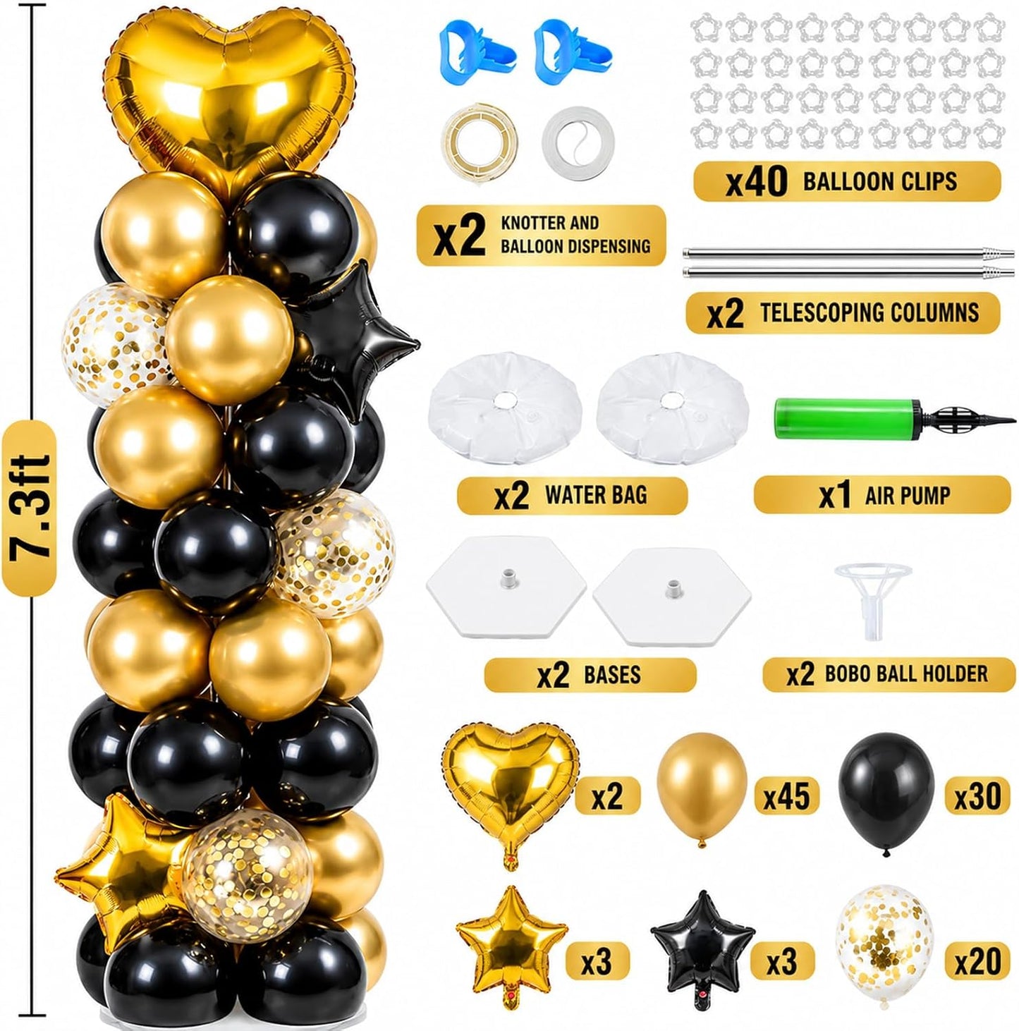 2 Sets 7FT Balloon Column Stand Kit with 103PCS Balloons – Adjustable Metal Balloon Tower with Weighted Base & Water Bags (Avocado Green & Gold)