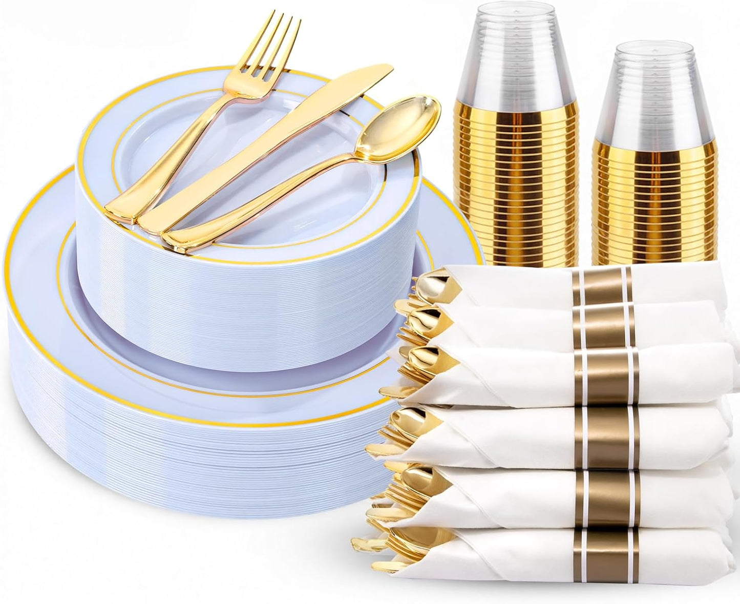 350 Pieces Black and Gold Plastic Plates with Disposable Silverware, Include 50 Dinner Plates 9”, 50 Dessert Plates 6.3”, 50 Black Cups 9 OZ, 50 Pre Rolled Napkins for Wedding Party Graduation
