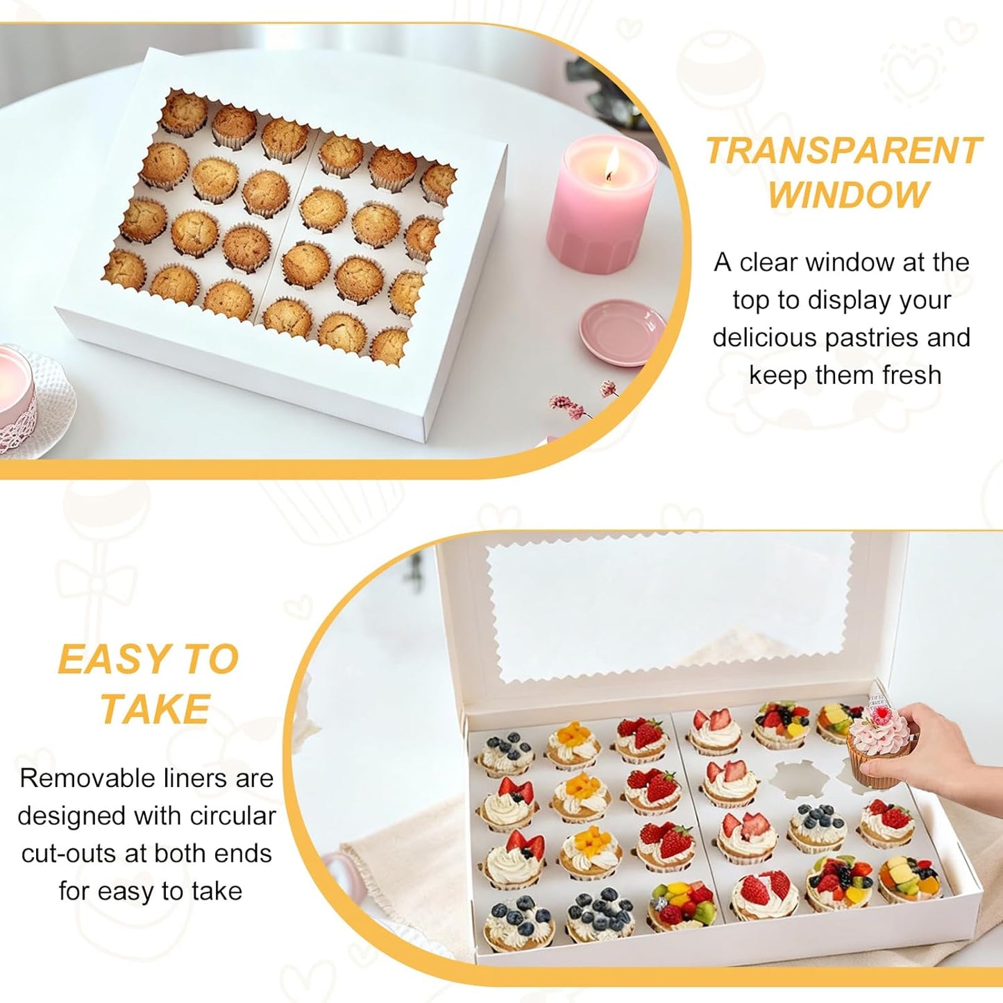 2 Pack White Cupcake Boxes Holder for 24 Standard or Mini Cupcakes, Food Grade Dessert Muffins Box Containers with Window and Inserts for Birthday Holiday Party Bakery Supplies