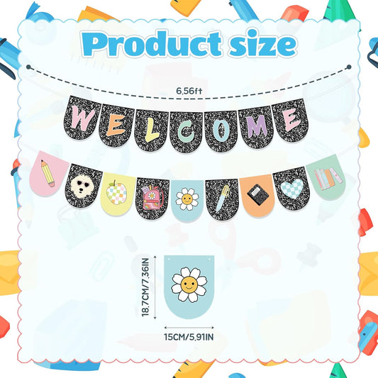 Welcome Back to School Banner, Composition Notebook Classroom Decor, First Day of School Banner Welcome Sign for Classroom Decorations Office Home Decor Party Supplies