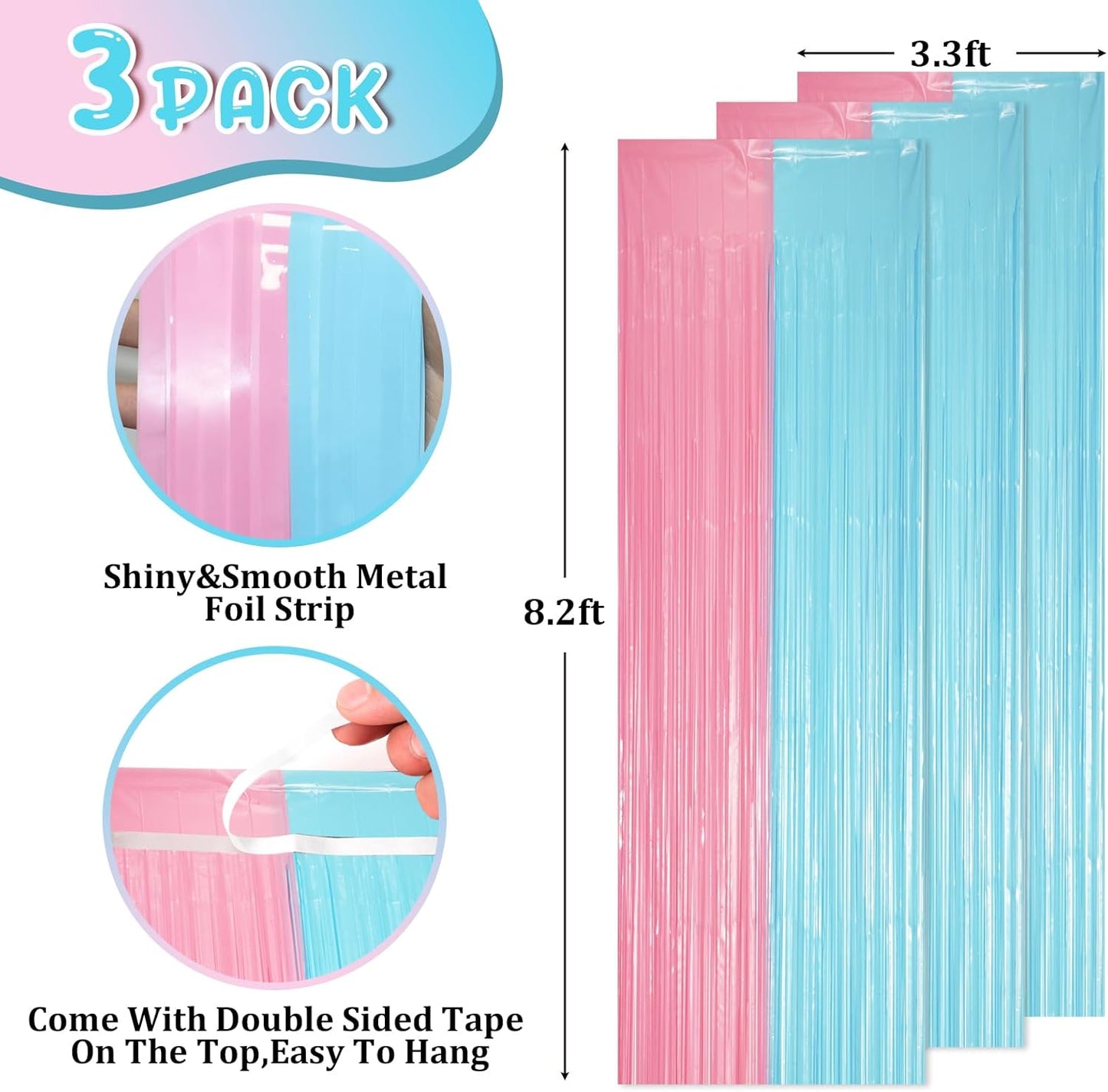 Voircoloria 3 Pack 3.3x8.2 Feet Gold Foil Fringe Backdrop Curtains, Tinsel Streamers, Fringe Backdrop for 2025 New Years Eve, Graduation, Birthday, Baby Shower, Gender Reveal, Disco Party - Colors A