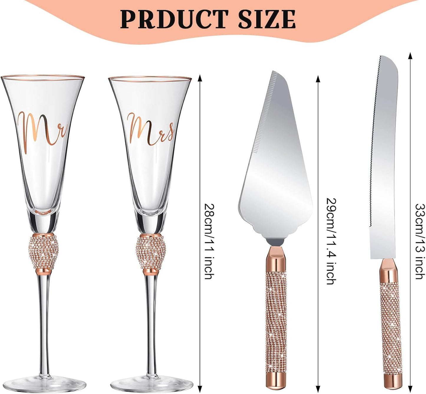 Boao 4 Piece Mr and Mrs Champagne Flutes and Cake Knife Server Set Crystal Wedding Toasting Flutes Rhinestone Cake Cutting Set for Bride and Groom Wedding Engagement Bridal Shower Gifts(Silver)