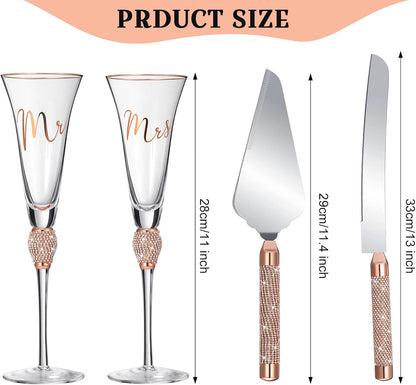Boao 4 Piece Mr and Mrs Champagne Flutes and Cake Knife Server Set Crystal Wedding Toasting Flutes Rhinestone Cake Cutting Set for Bride and Groom Wedding Engagement Bridal Shower Gifts(Silver)