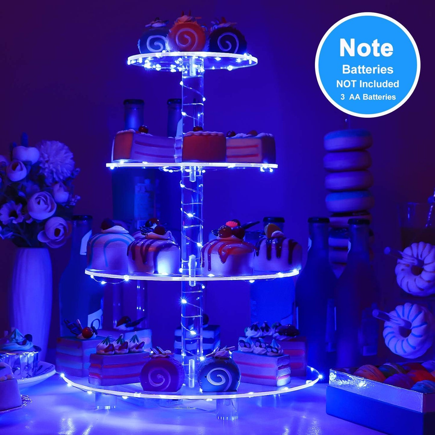 YestBuy Cupcake Stand with Yellow Led Lights, 4 Tier Cupcake Stand for 50 Cupcakes, Acrylic Cupcake Tower Stand, Clear Tiered Cupcake Holder for Birthday Cady Bar Décor Weddings, Parties Events