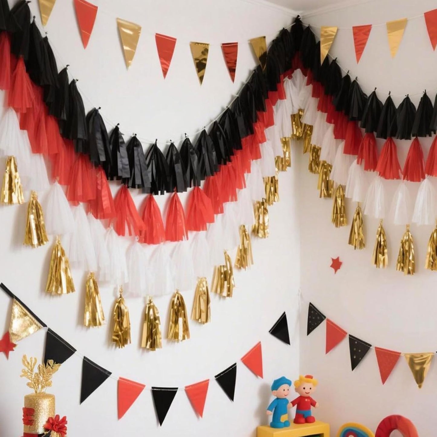 Tassel Garland Tissue Paper Tassel Banner,Tassels Party Decorations for Wedding,Birthday,Bridal/Baby Shower,Pack of 15 (Burgundy/Black/Silver)