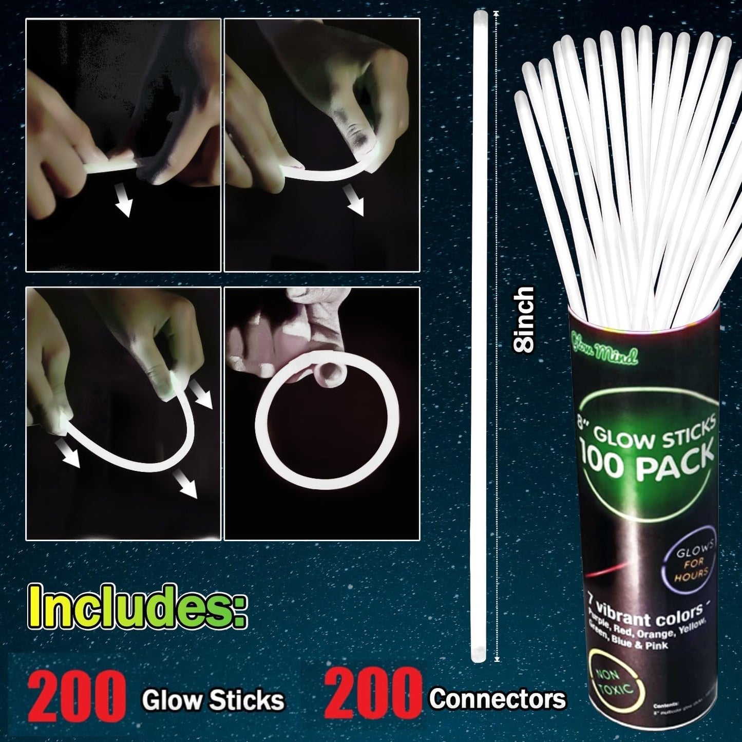 200 Pcs Red Glow Sticks Bracelet Necklaces Bulk Glow in The Dark Party Supplies 8” Light Up Stick with Connectors for Christmas Valentine's Day Easter 4th of July Party Favors Birthday Carnival