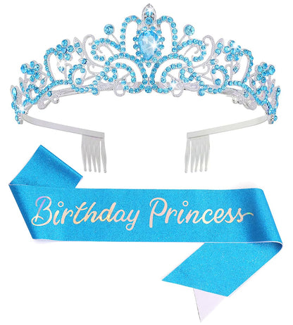 Birthday Tiara Crown with Sash for Women, Headband Hair Accessories for Wedding Party Costume