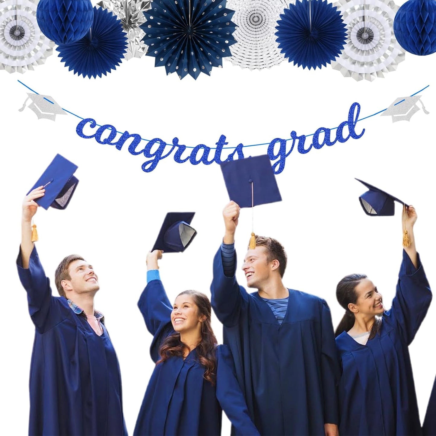Navy-Blue White Silver Tissue Pom-Poms - 15pcs 5 Size Party Decorations Paper Flowers,Graduation Wedding Baby Bridal Shower Room Hanging Decorations Boy Birthday Party Backdrop Decor Panduola