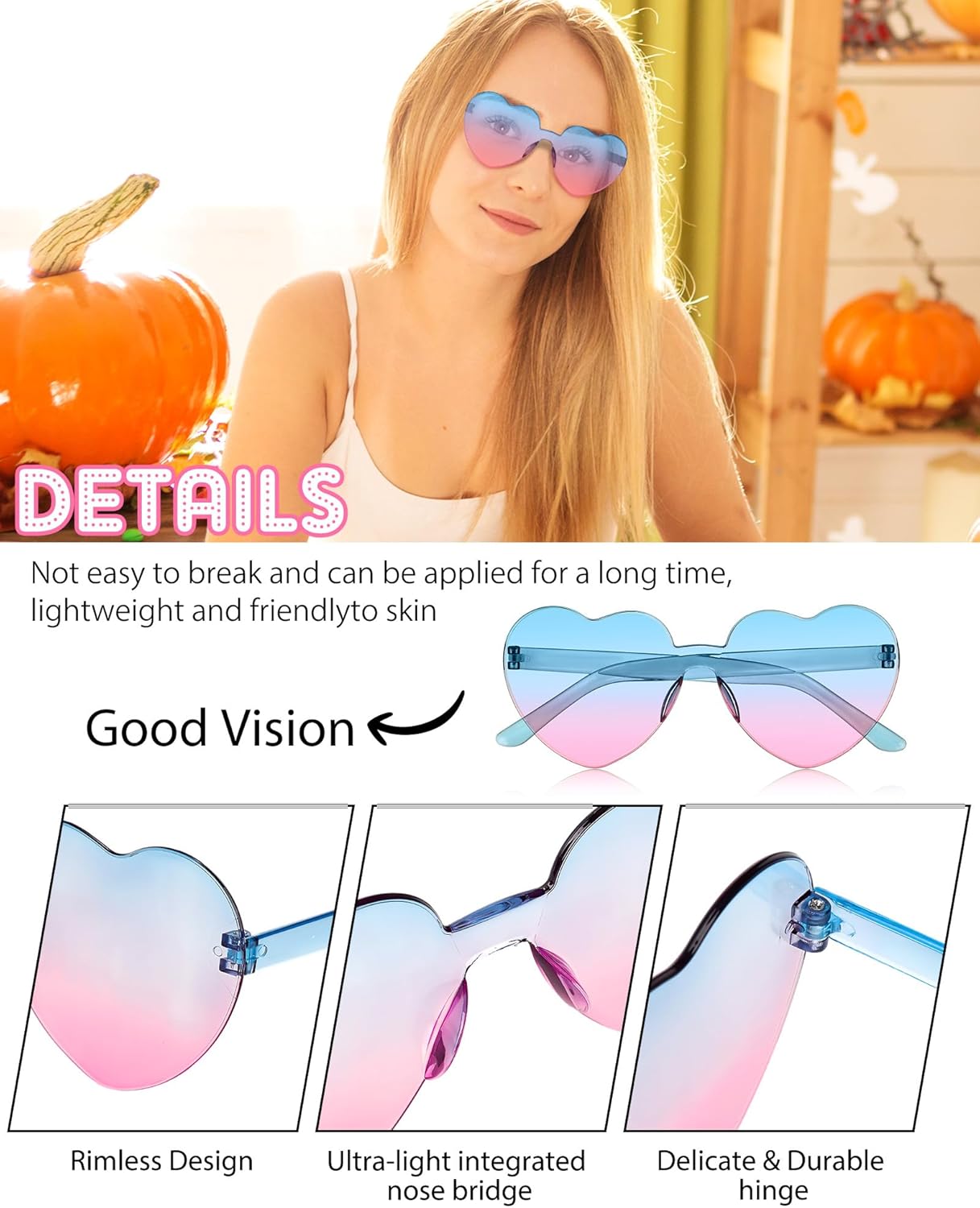 Frienda 20 Pairs Heart Shaped Sunglasses Rimless Candy Color Glasses for Women Men Party Favor