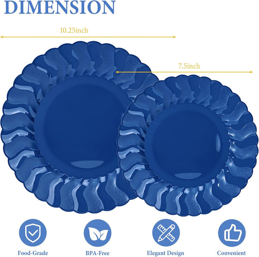 Lullaby 60PCS Ivory Scalloped Plastic Plates with Gold Rim, Disposable Elegant Plates Include 30pcs Dinner Plate 10.25", 30pcs Plastic Dessert Plate 7.5", Perfect for Wedding and Party