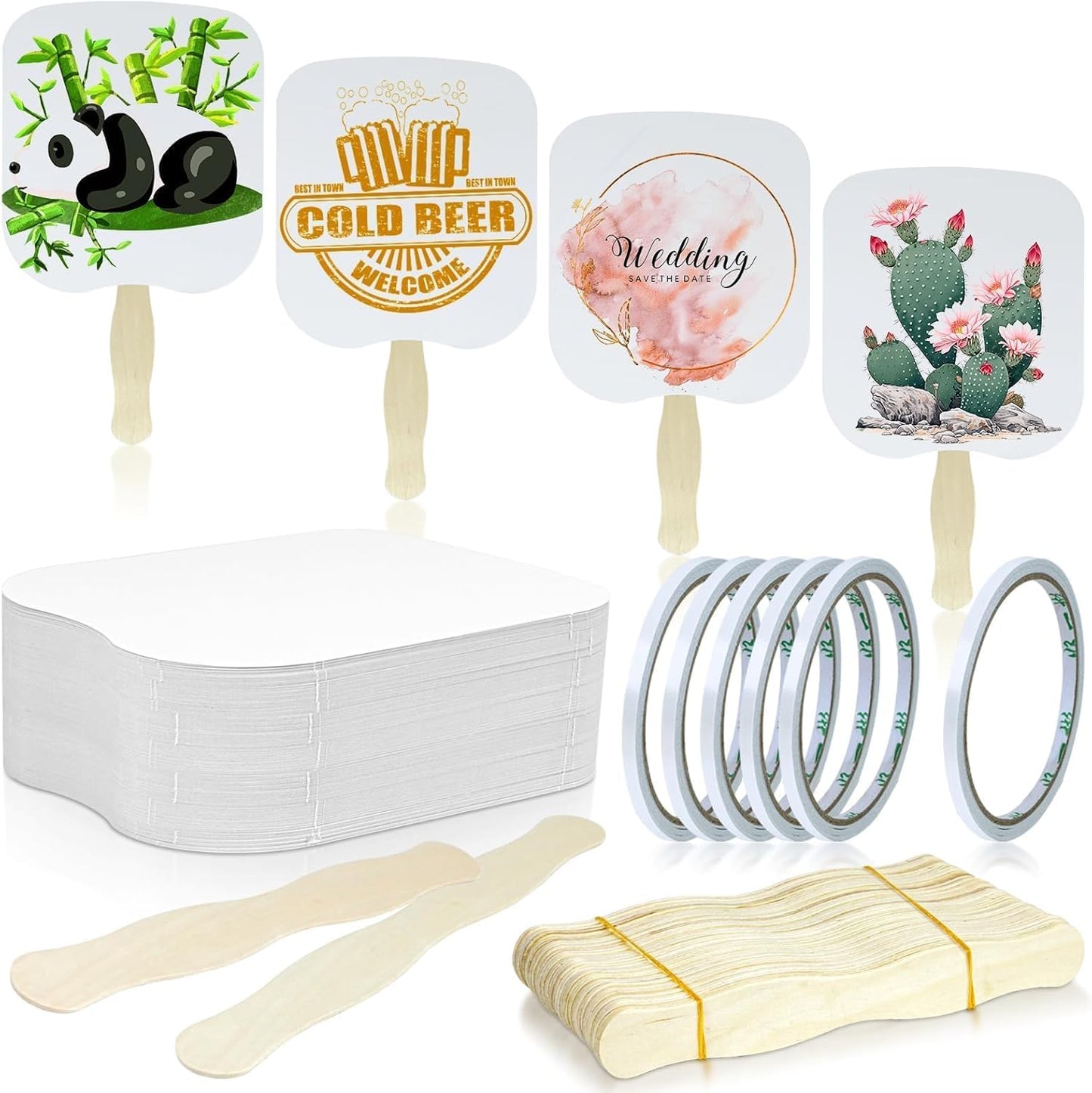 94 Pcs Church Fans Handheld Set, 60 Cardstock Paper Fans with 30 Wavy Wooden Sticks and 4 Rolls of Double-Sided Tape, Handheld Blank White Cardstock for DIY Crafting Painting Custom Fans