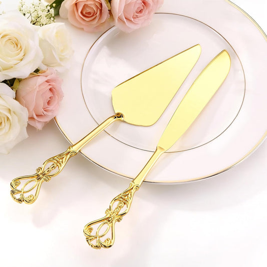 Yoption Cake Cutting Set for Wedding, Gold Vintage Cake Knife and Server Set, Cake Serving Kit for Wedding, Birthday, Anniversary, Bridal Gift