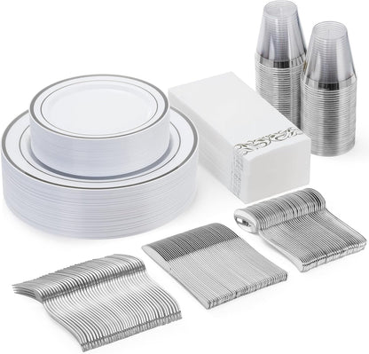 Goodluck 350 Pieces Gold Dinnerware Set for 50 Guests, Plastic Plates Disposable for Party, Include: 50 Gold Rim Dinner Plates, 50 Dessert Plates, 50 Paper Napkins, 50 Cups, 50 Gold Silverware Set