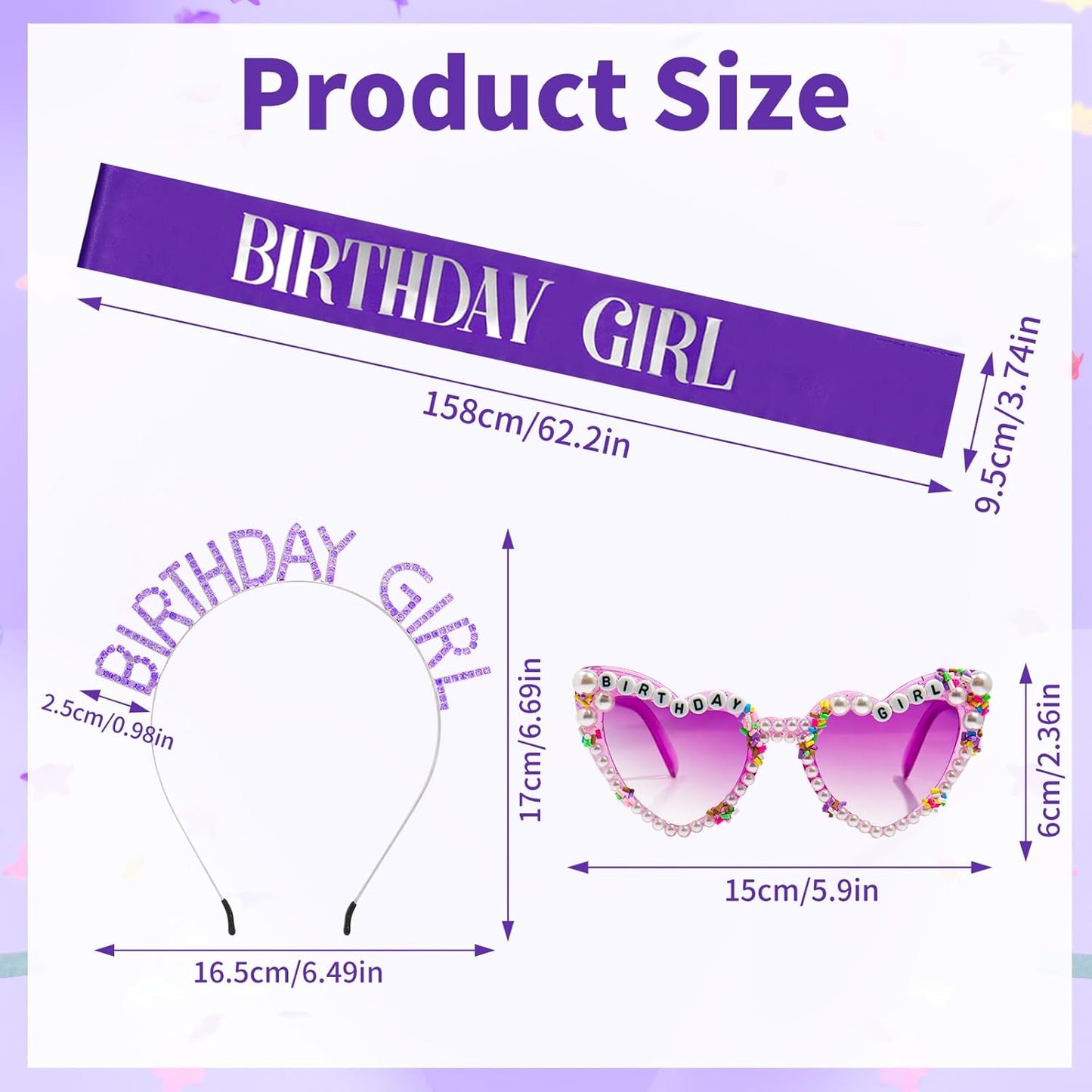 3Pcs Birthday Girl Sash Headband Set-Birthday Sash Tiara and Crown Sunglasses for Girls Women