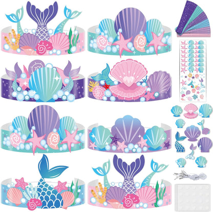 Qyeahkj 24 Pcs Mermaid Birthday Party Crowns Under the Sea Ocean DIY Crown Craft Kits Art Set Paper Mermaid Party Favor Hats Paper Princess Headband Making Kit Party Decorations Supplies for