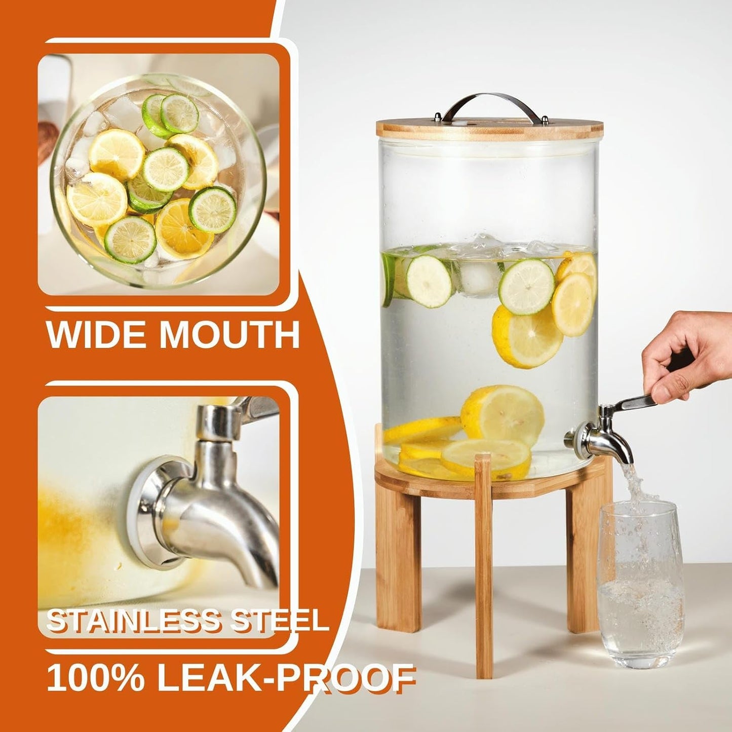 Glass Beverage Dispenser with Bamboo Stand 6.7 In and Lid, Iced 2.9 Gallon Drink Server with Spigot, Large Thick Glass Drink Dispenser for Parties, Hotels, Restaurants, Homes