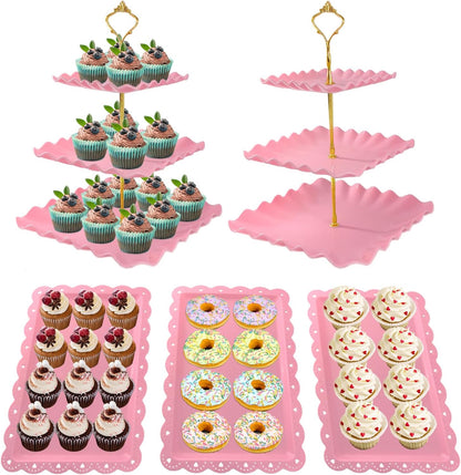 5 Pcs Dessert Table Display Set, White Plastic 2 Pcs Round 3 Tier Cupcake Stand Cup Cake Tower Stand with Metal Rod & 3 Pcs Serving Tray for Baby Shower, Tea Party, Wedding, Birthday Party