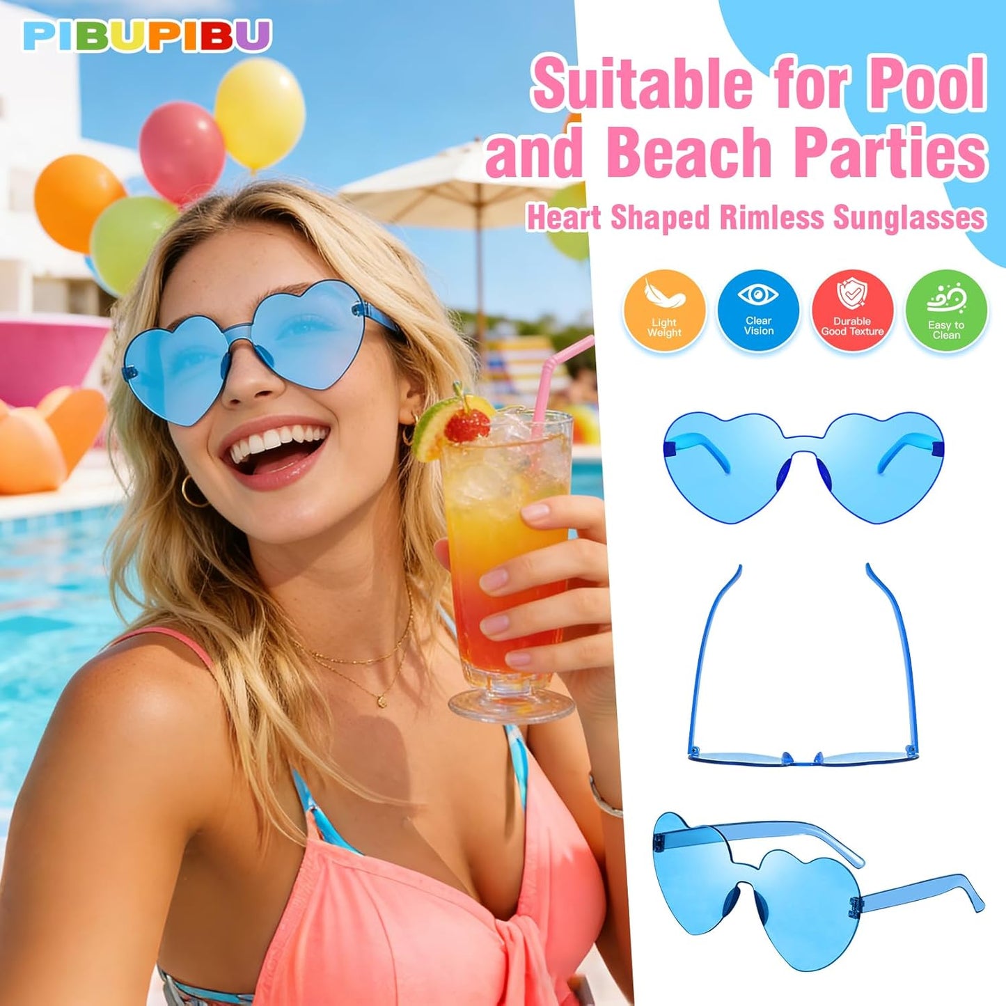 Pibupibu 12 Pack Heart Shaped Sunglasses for Women Colorful Rimless Sunglasses Transparent Bachelorette Party Favors