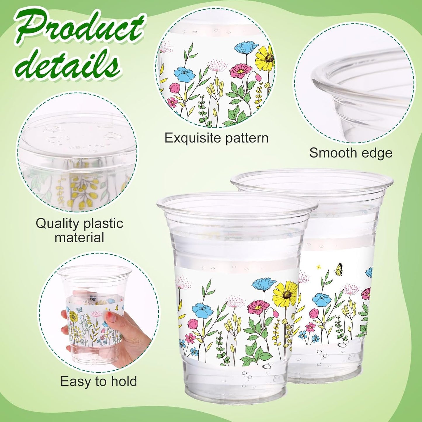 Hushee 60 Pcs Purple Floral Cups with Spring Summer Flower 16 oz Wildflowers Plastic Disposable Drinking Cups for Summer Spring Birthday Baby Shower Wedding Party Supplies