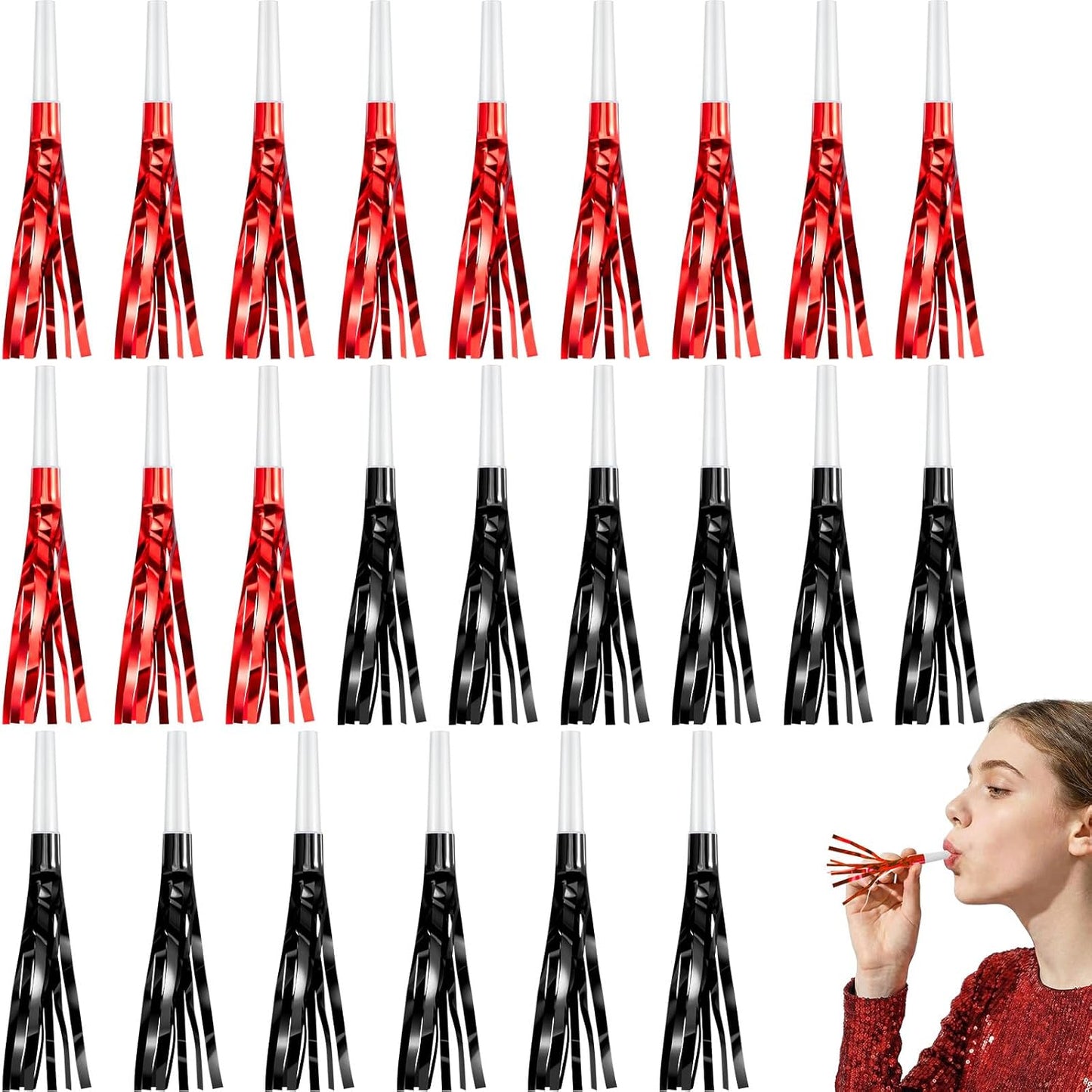 Sumind 24 Pcs Gold Noise Makers Metallic Fringed Party Blowers Horns Whistles Noisemakers Party Favors for Adults Birthday Graduation Sporting Events Celebration Surprise Supplies