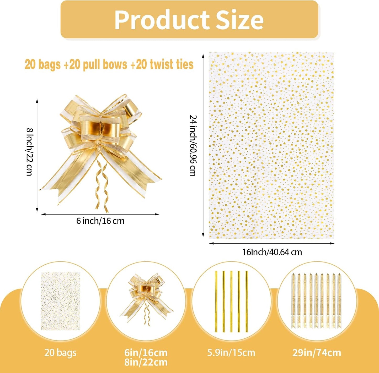 100 Pcs Star Printed 5"X 7" Gift Wrap Cello Cellophane Treat Bags Party Favor bags Clear Candy Cookie Bag Plastic Poly Goodie Storage Bag with Twist Ties for Bakery,Birthday, Wedding ,Party Decorations (Gold)