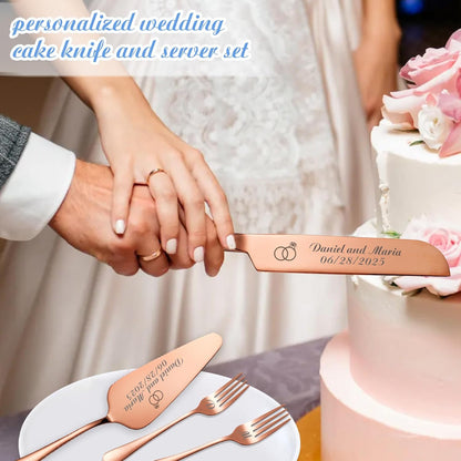 Personalized Wedding Cake Knife and Server Set, Wedding Gold Cake Cutting Set with Stainless Steel Forks, Customized Bridal Anniversary Birthday Wedding Registry Gifts for Couple (Non-customized)