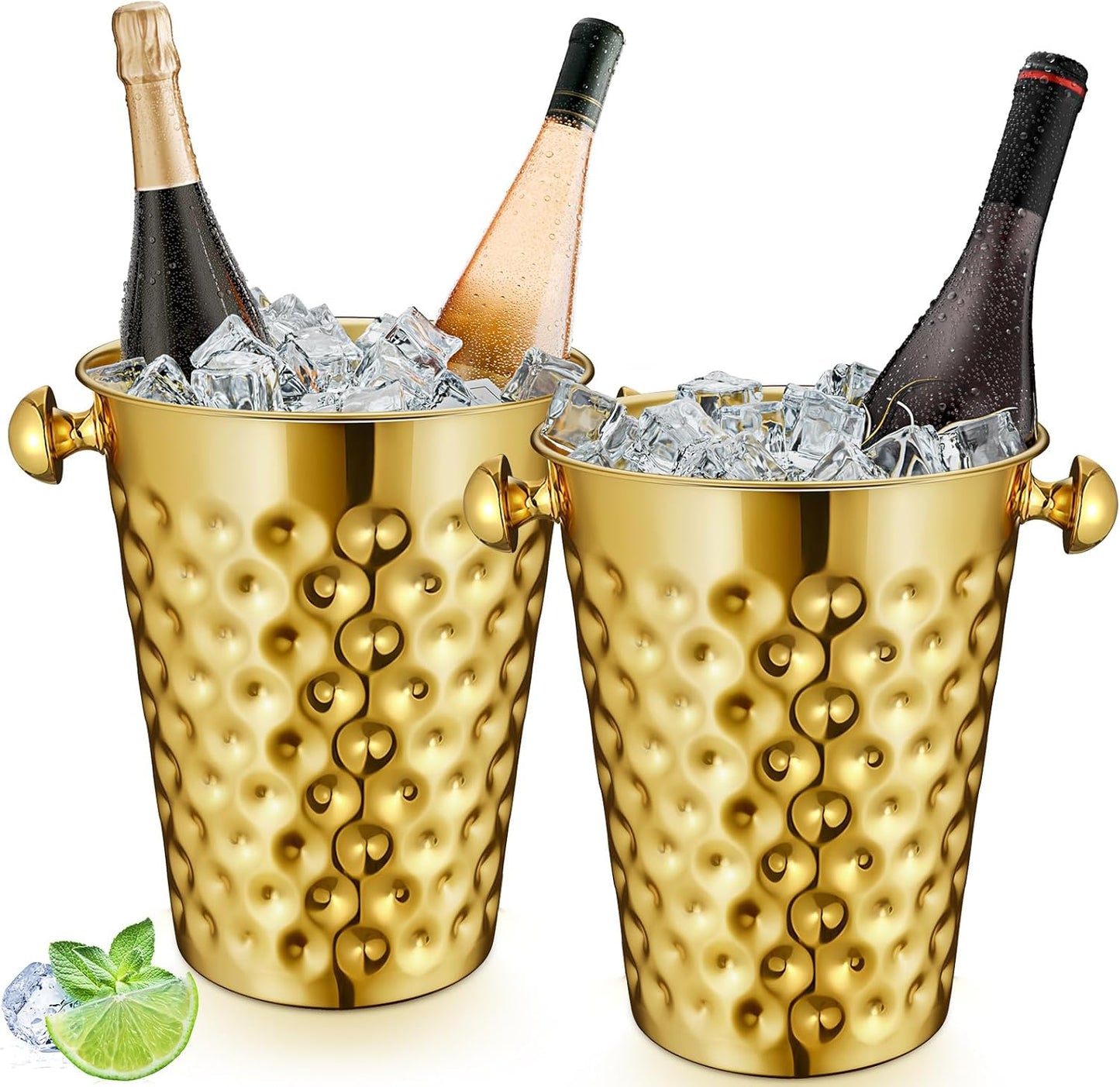 MorningRo 2 Pcs 5 Quart Black Champagne Ice Bucket 4.7 L Metal Doublewall Hammered Stainless Steel Wine Beer Chiller Home Bar Accessories for Football Sports Wedding Party Summer BBQ (Beveled Mouth)
