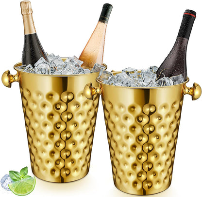 MorningRo 2 Pcs 5 Quart Black Champagne Ice Bucket 4.7 L Metal Doublewall Hammered Stainless Steel Wine Beer Chiller Home Bar Accessories for Football Sports Wedding Party Summer BBQ (Beveled Mouth)