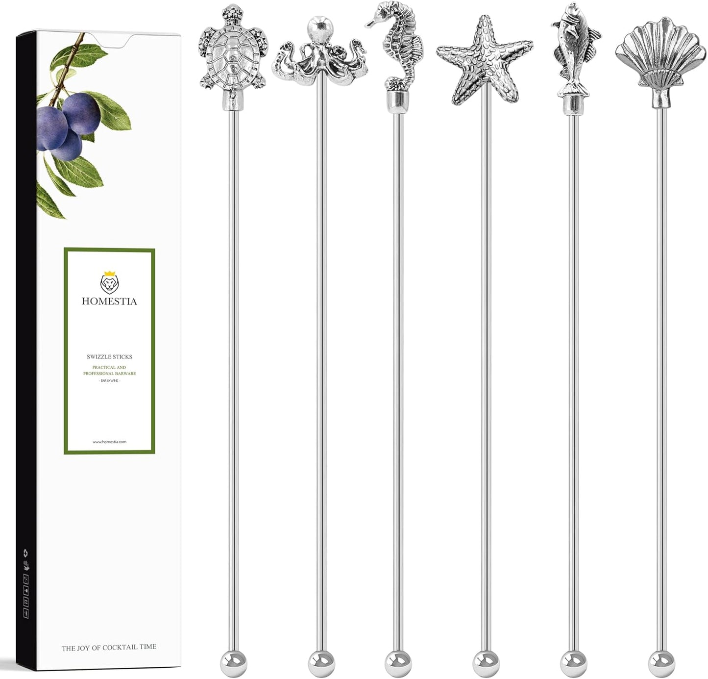 Homestia 7.5" Stainless Steel Cocktail Stirrers with Cute Animal Design, Set of 6 Reusable Swizzle Sticks for Coffee, Martini, Drinks - Dishwasher Safe Metal Bar Tools Stir Sticks