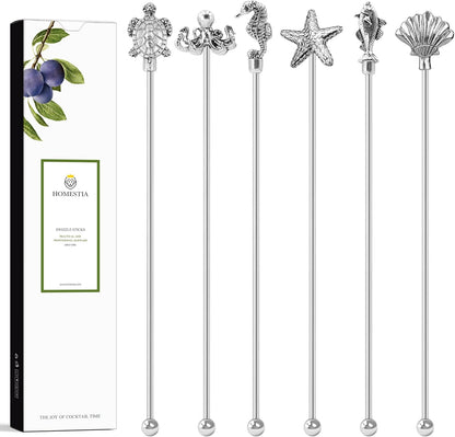 Homestia 7.5" Stainless Steel Cocktail Stirrers with Cute Animal Design, Set of 6 Reusable Swizzle Sticks for Coffee, Martini, Drinks - Dishwasher Safe Metal Bar Tools Stir Sticks