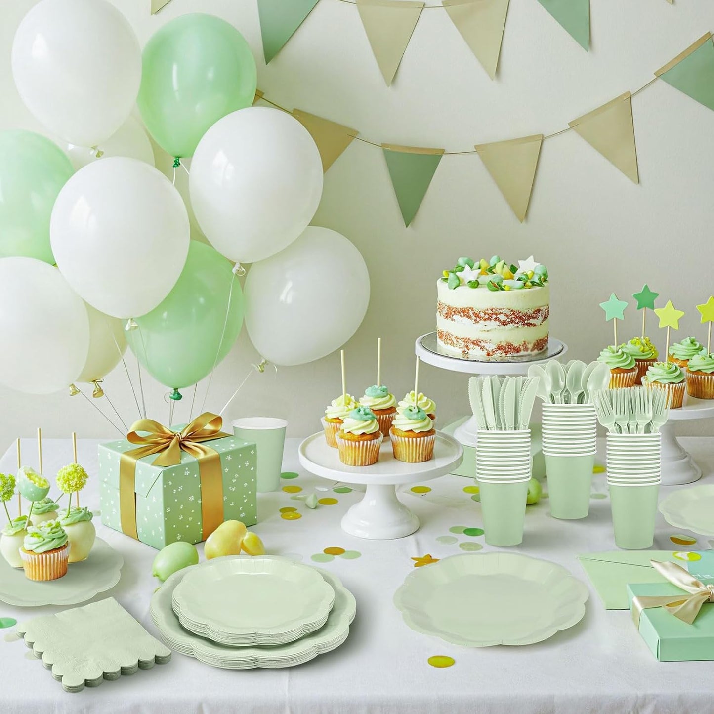 NatNarr 175 Pcs Sage Green Plates and Napkins Set, 25 Guest Sage Green Party Supplies Include Scalloped Paper Plate Napkin Cup Forks Knives Disposable Plastic Cutlery for Wedding Baby Shower Birthday