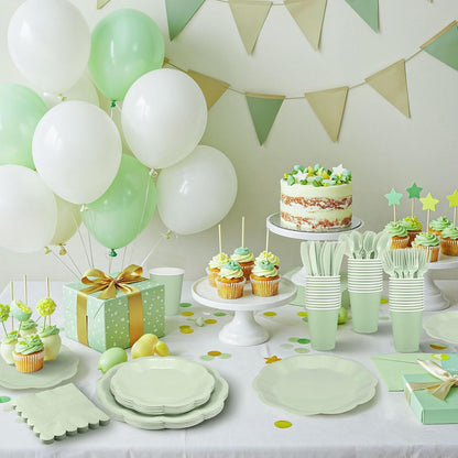 NatNarr 175 Pcs Sage Green Plates and Napkins Set, 25 Guest Sage Green Party Supplies Include Scalloped Paper Plate Napkin Cup Forks Knives Disposable Plastic Cutlery for Wedding Baby Shower Birthday