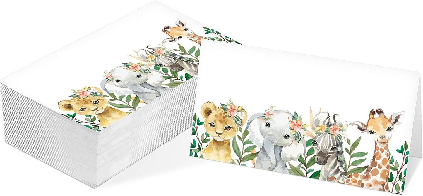 Table Place Card, Jungle Safari Animals Themed Tent Style Cards, Pack of 25 Half-Fold Reception Place Card, Gold Wild Animal Food Labels, Perfect for Baby Shower, Birthday Party C08