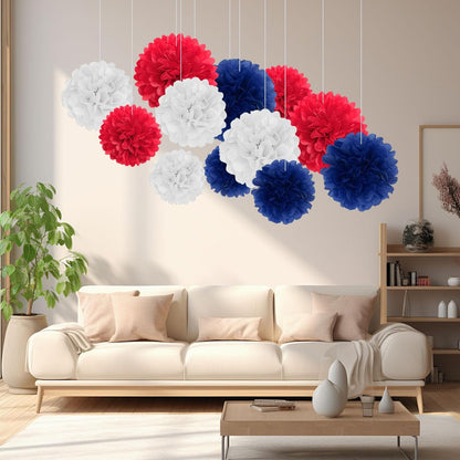 18 PCS Tissue Paper Pom Poms, Tissue Pom Poms Flowers, Sizes of 6", 10", 12", 14" Hanging Paper Flower Ball for Wedding, Birthday, Halloween, Christmas, Baby Shower Party Decor (Red Black Gold)