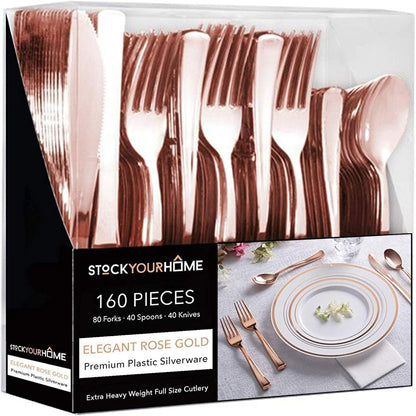 Gold Plastic Silverware Set (160 Bulk Pack) Disposable Cutlery Utensils, 80 Gold Forks, 40 Gold Knives, 40 Gold Spoons, Heavy Duty Flatware For Holidays, Parties, Dinners, Weddings, and Occasions