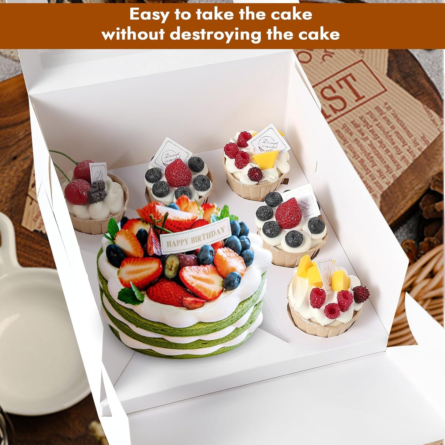 10 Packs Bento Cake and Cupcake Box 3 Holes Fit 2 Cupcakes and 1 Mini Cake Box with Clear Window and Stickers for Cake Cupcake Cookie or Easter and Mother’Day. (1+2/10pcs)