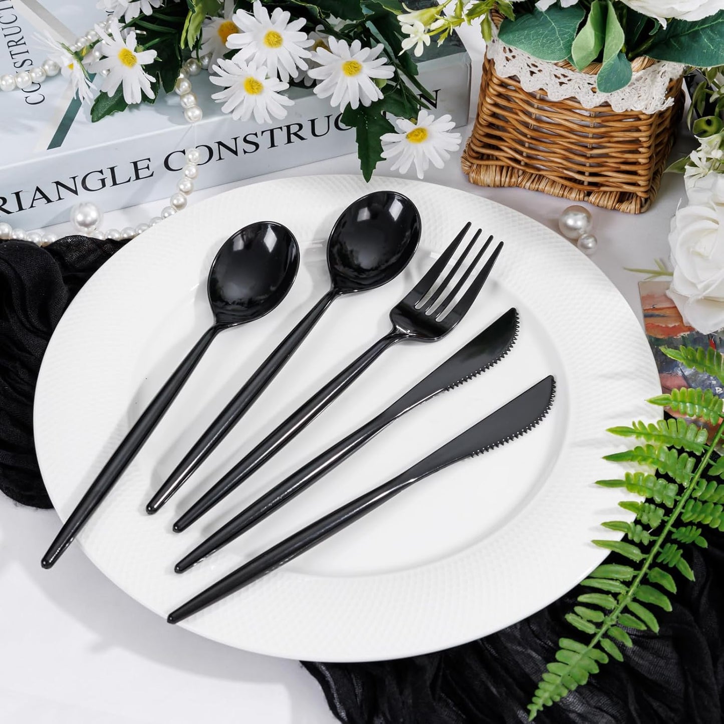 Supernal 180pcs Black Plastic Silverware Set - Heavy Duty Disposable Utensils (60 Forks, 60 Knives, 60 Spoons) - Elegant Black Cutlery for Parties, Weddings & BBQ