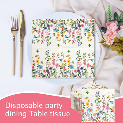 100Pcs Disposable Floral Paper Napkins Decorative Bathroom Napkins Guest Disposable Wild Flower Hand Towels Dinner Party Napkins for Wedding Birthday Party Baby Shower