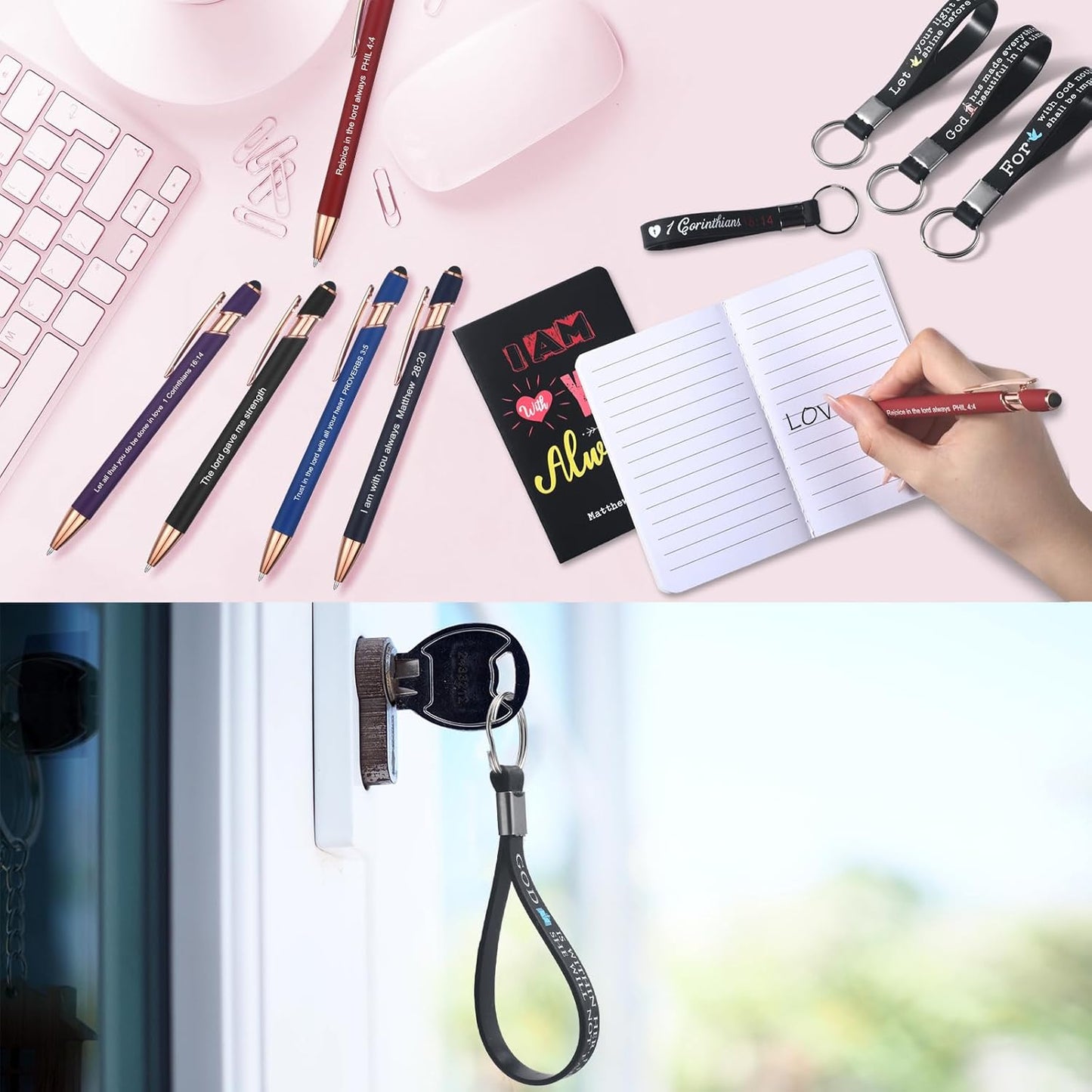 PerKoop 48 Pcs Inspirational Gifts Bulk Motivational Notepads Ballpoint Pens Keychains Set Modern Farmhouse Journal Notebooks Christian Gifts for Teachers School Office Party Favor Supplies