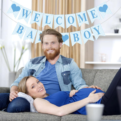 Hahafelt 1 Pcs Blue Gingham Welcome Baby Boy Banner for Baby Shower Party Decorations Pre Strung Gender Reveal Paper Banner for Table, Wall, Mantel Display Party Decor Supplies
