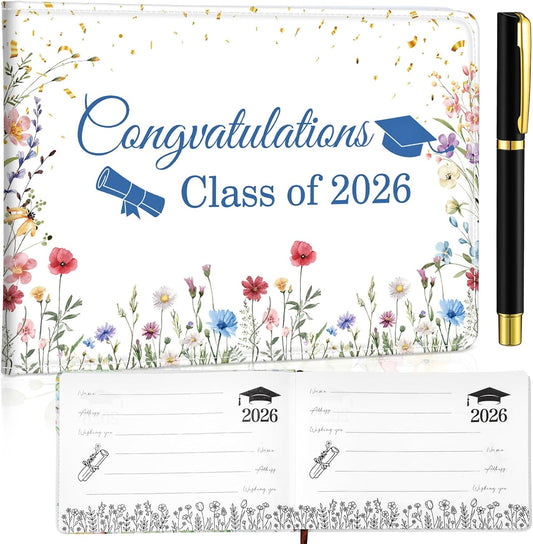 Gueevin 2026 Graduation Guest Book with Floral Leather Cover, Class of 2026 Wildflower Guest Sign in Book with Pen Congratulation Graduates Signature Books for Graduation Party Favor(Vintage Style)